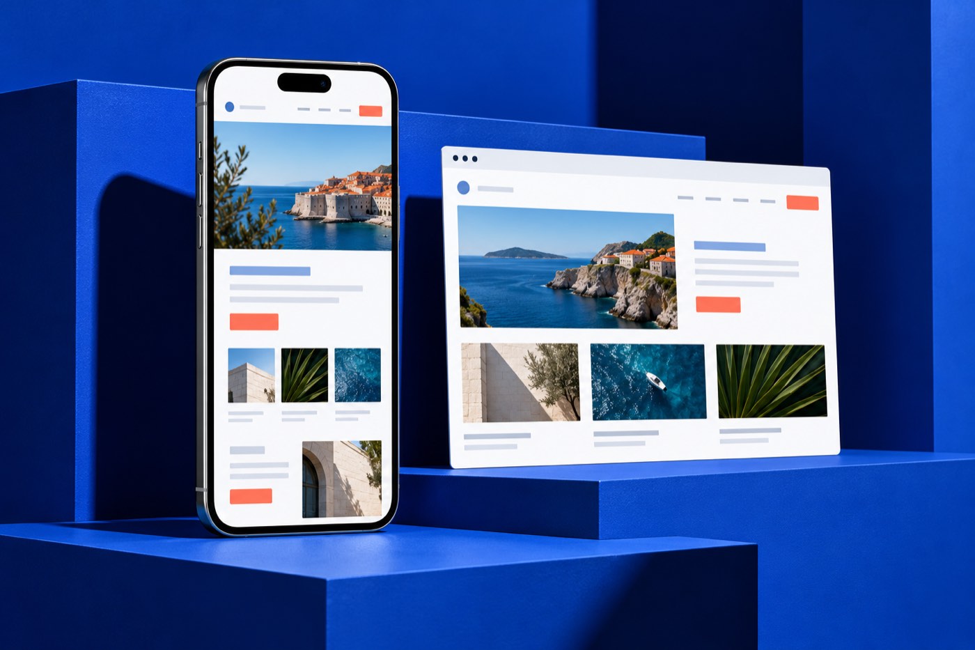 Mobilni i široki prikaz web stranice na plavoj podlozi